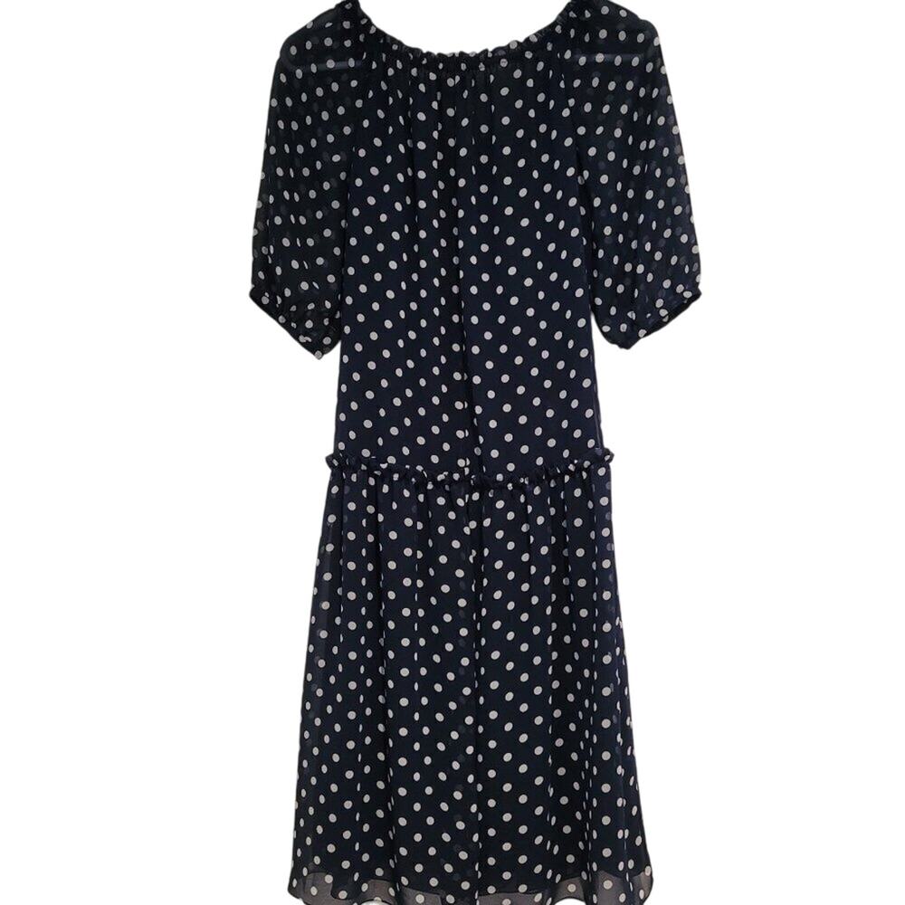 Georges Rech Paris Navy Polka Dot Midi Dress Quiet Luxury A-Line Ruffles Size 8 - Picture 2 of 11